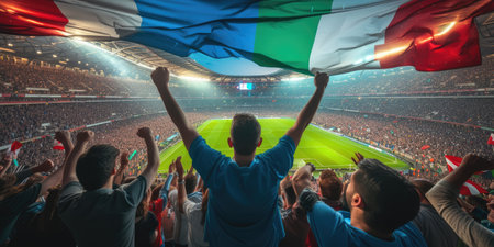 A fan at a soccer match joyfully celebrates a thrilling event, raising his arms in excitement. The Cup match provides entertainment and fun for leisure seekers. AIG41の素材