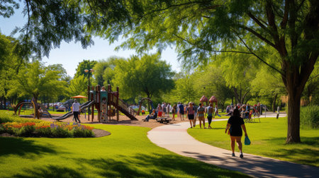 A group of people enjoying leisure activities in a park with a playground, surrounded by natural landscapes, trees, grass, and plants. AIG41の素材