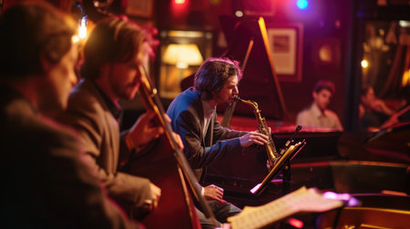 An evening jazz concert in a cozy club, musicians in deep concentration, audience immersed in the music. Resplendent.の素材