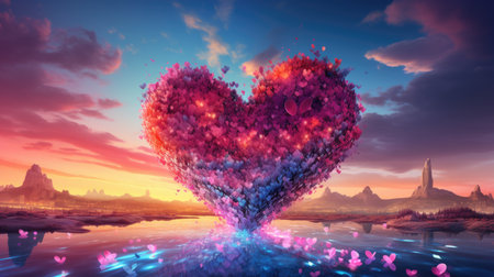 The picture of the colourful heart shape that flying beyond the sea and land that bright and reflect the light by the sunlight of the daytime in morning or evening of summer or spring of year. AIGX01.の素材