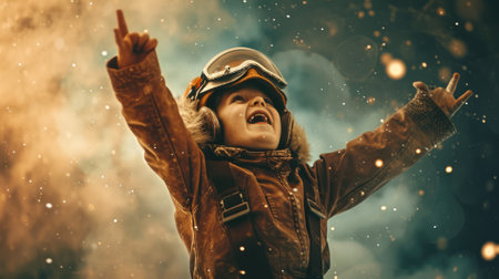 The side view of the picture that has the child flying into the bright sky with the aviator costume and the pair of goggles under the bright light of the bright sun with the happy smile face. AIGX03.の素材