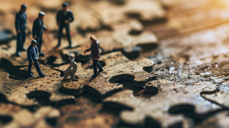 The miniature varies group of employed people that standing still on the uncompleted jigsaw board trying to work together to find the solution for the problem that they talking to each other. AIGX03.の素材