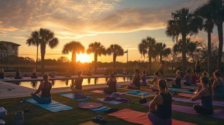 A serene yoga class at sunrise, participants in a tranquil outdoor setting, symbolizing peace and mindfulness. Resplendent.の素材