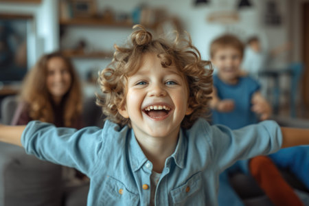 A cheerful young boy with curly hair presents a bright smile in the foreground, with his family relaxing on the couch behind him in a warm living room. AIG41の素材