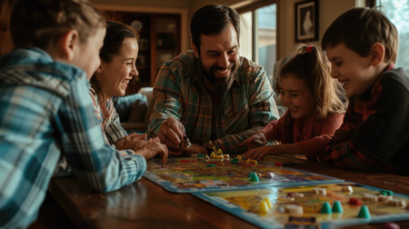 A joyful family gathers around a table, sharing smiles and laughs while playing a board game, creating a fun and leisurely event in their cozy room. AIG41の素材