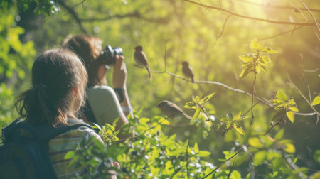 young explorers use binoculars to observe a colorful bird, immersed in the vibrant foliage of a dense forest. AIG41の素材