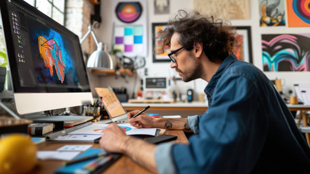 A painter stands back to ponder the progress of a vibrant abstract painting in a bright, art-filled studio. AIG41の素材