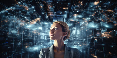 Tech analyst study cyber data chart from corporate system for statistical analytic defining marketing plan and strategy to compete in futuristic technology businessの素材