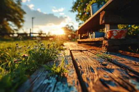 The picture of the wood table in the middle of the forest that surrounded with an uncountable amount of tree and plant in the forest with a bright light from the brightest sun of the daytime. AIGX03.の素材