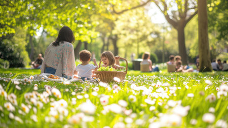 A happy family enjoys leisure and recreation in natures beautiful landscape, surrounded by trees, flowers, and plants in the park. AIG41の素材