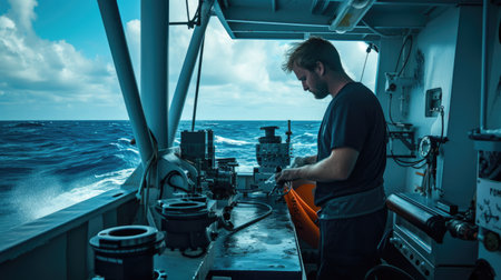 A marine scientist examines water samples on a research vessel, conducting environmental analysis on the open sea. AIG41の素材