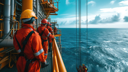 Oil workers, wearing helmets and personal protective equipment, stand on an oil rig in the ocean surrounded by water and the sky. AIG41の素材