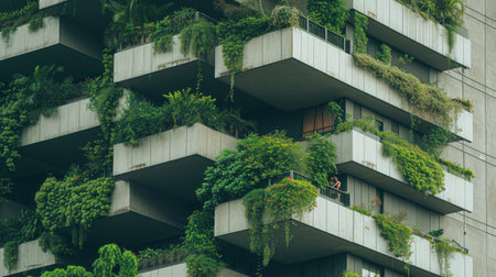 A tower block covered in plants and adorned with numerous balconies, creating a green facade for the building. AIG41の素材