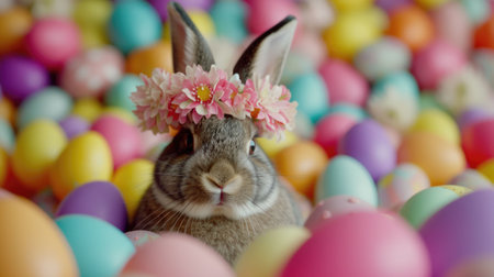 A cute organism, a bunny, adorned with a crown made of terrestrial plant petals, is joyfully surrounded by colorful easter eggs. It looks happy and ready for the festive event AIG42Eの素材