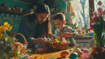 A family is sharing a fun cooking activity in the kitchen, decorating Easter eggs with their toddler. Its a mix of art and cuisine, creating lasting memories through food and creativity AIG42Eの素材