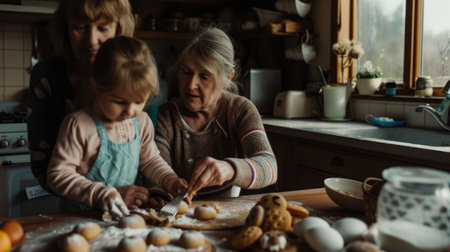 Two toddlers with bunny ears are sharing the joy of baking cookies in a kitchen, surrounded by food, tableware, and a view of the window AIG42Eの素材