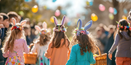 A community event in the grassland with children wearing bunny ears, carrying baskets of Easter eggs. Happy faces, fun leisure activity in the meadow AIG42Eの素材
