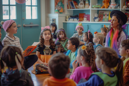 A crowd of children are gathered around a table sharing art supplies in a room with a window. They are wearing colorful tshirts, enjoying a fun leisure event AIG42Eの素材