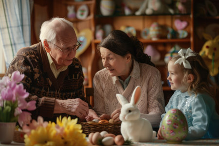 The elderly couple, young boy, and fruit are at the table sharing natural foods while decorating Easter eggs. Its a fun and festive art event in the room AIG42Eの素材