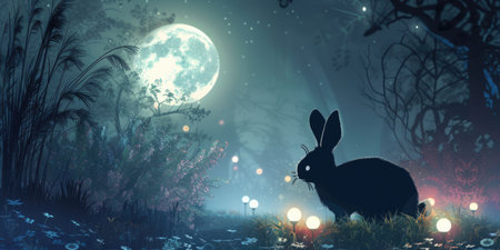 A rabbit is perched in the natural landscape of grass, beside an Easter egg. The scene combines elements of plant life and a festive event AIG42Eの素材