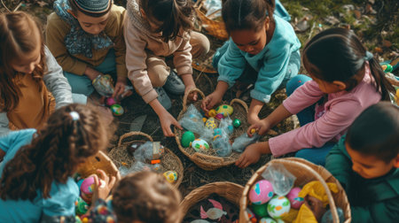 A group of happy children are gathered around a table, smiling and sharing Easter eggs from storage baskets. The toddlers and babies are having fun at this leisure event, building memories togetherの素材