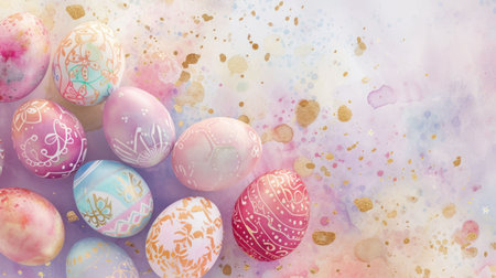 A vibrant display of colorful Easter eggs arranged in a row on a blank canvas, showcasing a beautiful pattern against a stark white background reminiscent of a piece of art AIG42Eの素材