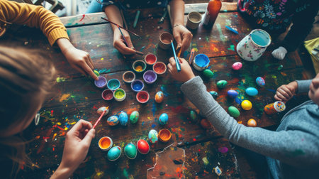 A group of children are gathered around a table, engaging in the leisure activity of decorating Easter eggs. This fun art event combines recreation, visual arts, and play in a circle of excitementの素材