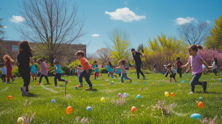 A group of children are enjoying a leisurely afternoon playing with Easter eggs in the grass, surrounded by trees and beautiful flowers under a clear blue sky AIG42Eの素材