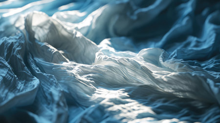 The abstract picture of the wavy blue fabric satin flexible clean cloth of the curtain that waving around under the light in the blank background of the bright room in the daytime of the day. AIGX01.の素材