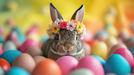 A cute organism, a bunny, adorned with a crown made of terrestrial plant petals, is joyfully surrounded by colorful easter eggs. It looks happy and ready for the festive event AIG42Eの素材