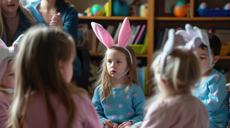 A group of young girls wearing bunny ears are sitting around a table, sharing Easter eggs and building art. The tableware on the shelf sets the scene for a fun and leisurely event in the room AIG42Eの素材