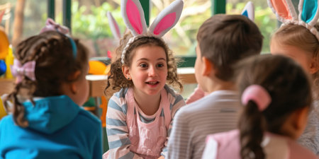 A group of young girls wearing bunny ears are sitting around a table, sharing Easter eggs and building art. The tableware on the shelf sets the scene for a fun and leisurely event in the room AIG42Eの素材