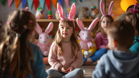 A group of young girls wearing bunny ears are sitting around a table, sharing Easter eggs and building art. The tableware on the shelf sets the scene for a fun and leisurely event in the room AIG42Eの素材