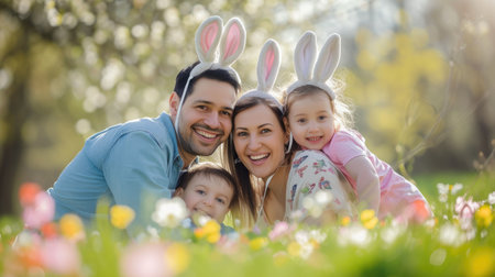 A happy family wearing bunny ears is sitting in a field of flowers, smiling and sharing gestures of joy in the natural landscape. Fun adaptation to nature, people enjoying the grassy surroundingsの素材