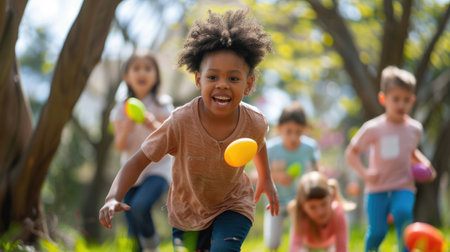 A group of happy children are playing with Easter eggs under a tree in the park, surrounded by green grass. They laugh and have fun, like characters in a cartoon AIG42Eの素材