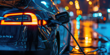 A picture about the electric vehicle that has been charging at the charging station and has been connected with the charger that has been connecting to the electric vehicle to become new tech. AIGX01.の素材