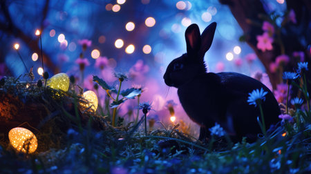 A rabbit is perched in the natural landscape of grass, beside an Easter egg. The scene combines elements of plant life and a festive event AIG42Eの素材