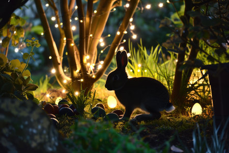 A rabbit is perched in the natural landscape of grass, beside an Easter egg. The scene combines elements of plant life and a festive event AIG42Eの素材