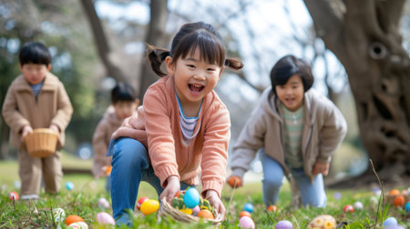 A group of happy children are playing with Easter eggs under a tree in the park, surrounded by green grass. They laugh and have fun, like characters in a cartoon AIG42Eの素材