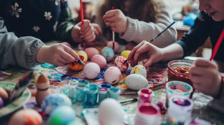 A group of children are gathered around a table, engaging in the leisure activity of decorating Easter eggs. This fun art event combines recreation, visual arts, and play in a circle of excitementの素材