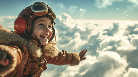The side view of the picture that has the child flying into the bright sky with the aviator costume and the pair of goggles under the bright light of the bright sun with the happy smile face. AIGX03.の素材