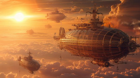 Fantasy steampunk airships float amongst clouds against a dramatic sunset backdrop, evoking adventure and exploration. Resplendent.の素材