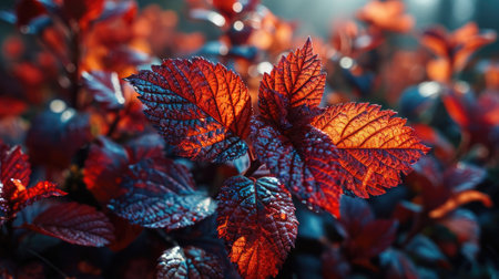 The picture of nature that focused to the red leaf from tree in the forrest that stay on ground and got illuminated with the bright light of sunlight in the summer or spring time of the year. AIGX03.の素材