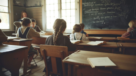 Vintage-style classroom with students focused on a teacher giving a lecture in front of a chalkboard. AIG41の素材