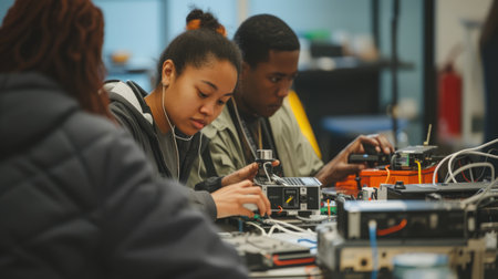Young engineering students collaborate on an electronics project in a technology lab, soldering circuit boards and sharing ideas. AIG41の素材