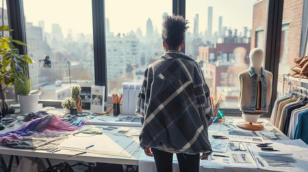 A focused fashion designer sketches new designs in a bright studio, surrounded by vibrant fabric samples and elegant mannequins. AIG41の素材