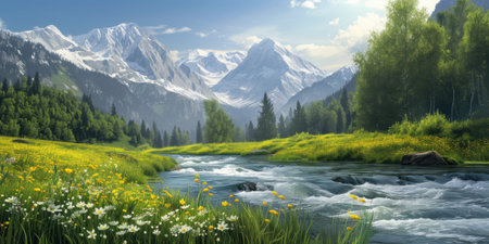 Vibrant wildflowers and a mountain stream with snowy peaks in the background. Resplendent.の素材