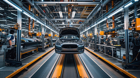 A car is constructed on an assembly line in a factory, moving on a conveyor belt. AIG41の素材
