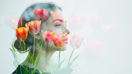 The closeup double exposure picture between young adult beautiful female caucasian human and bright beautiful nature in the morning or evening that the picture stand for peaceful of the life. AIGX01.の素材