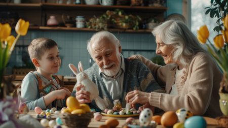 The elderly couple, young boy, and fruit are at the table sharing natural foods while decorating Easter eggs. Its a fun and festive art event in the room AIG42Eの素材